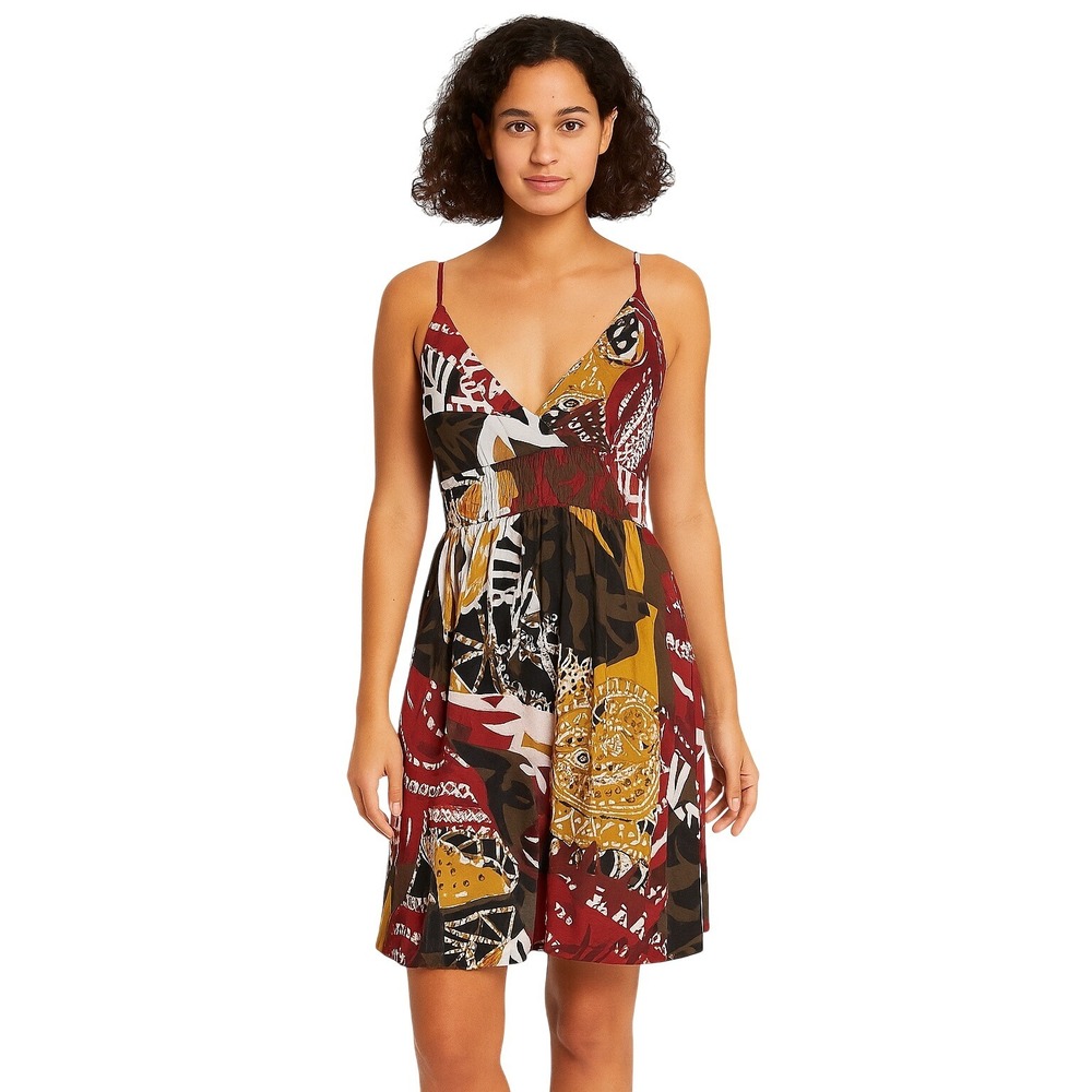 1st Kiss Womens Dress Red Green Abstract Multicolor V Neck Spaghetti Strap‎ LG